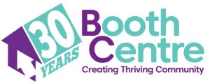 The Booth Centre 30 Years Logo. The logo features a house with one side made up of the words '30 years' and the strapline 'creating thriving community' 