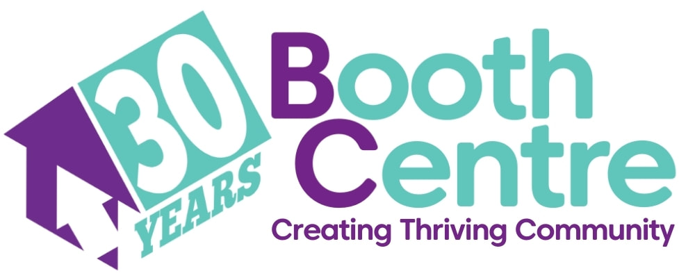 The Booth Centre 30 Year Logo The Booth Centre 30 Years Logo. The logo features a house with one side made up of the words '30 years' and the strapline 'creating thriving community'