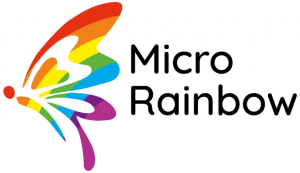 Logo for Micro Rainbow, featuring a rainbow coloured butterfly.