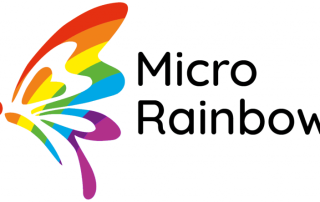 Logo for Micro Rainbow, featuring a rainbow coloured butterfly.