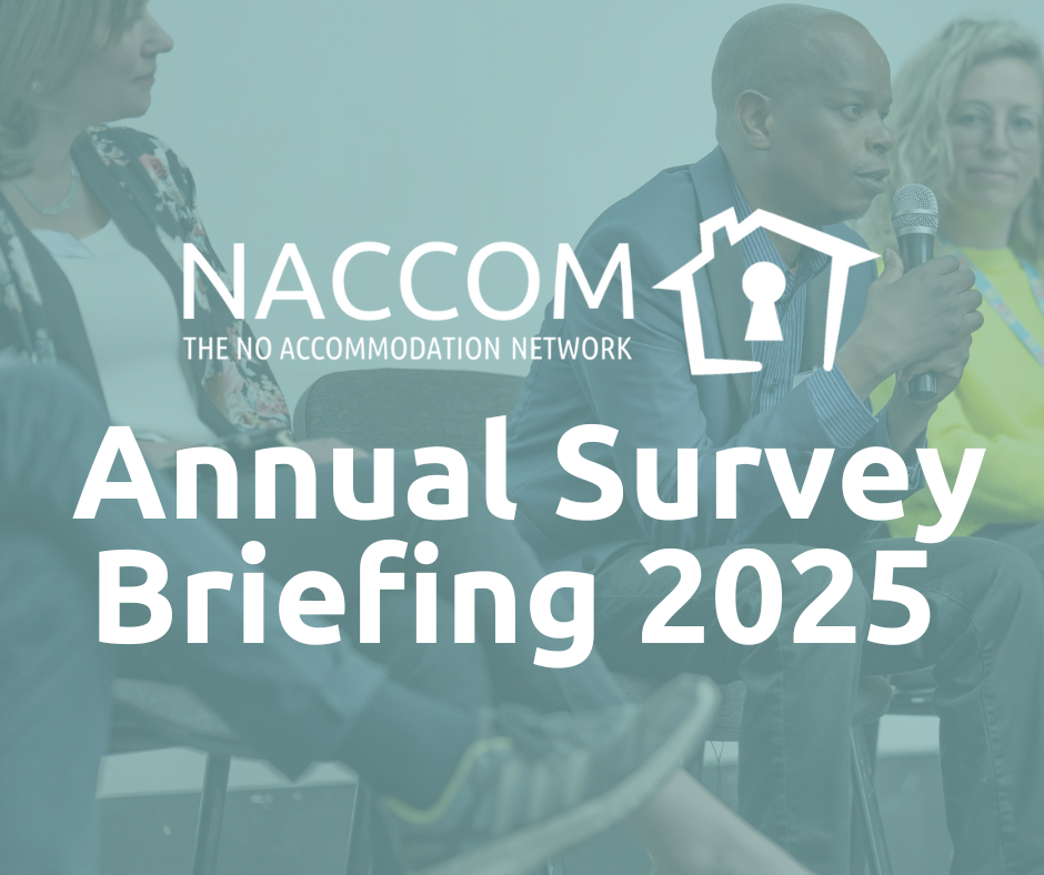 Image of panel member answering question, with NACCOM logo and text: Annual Survey Briefing 2025