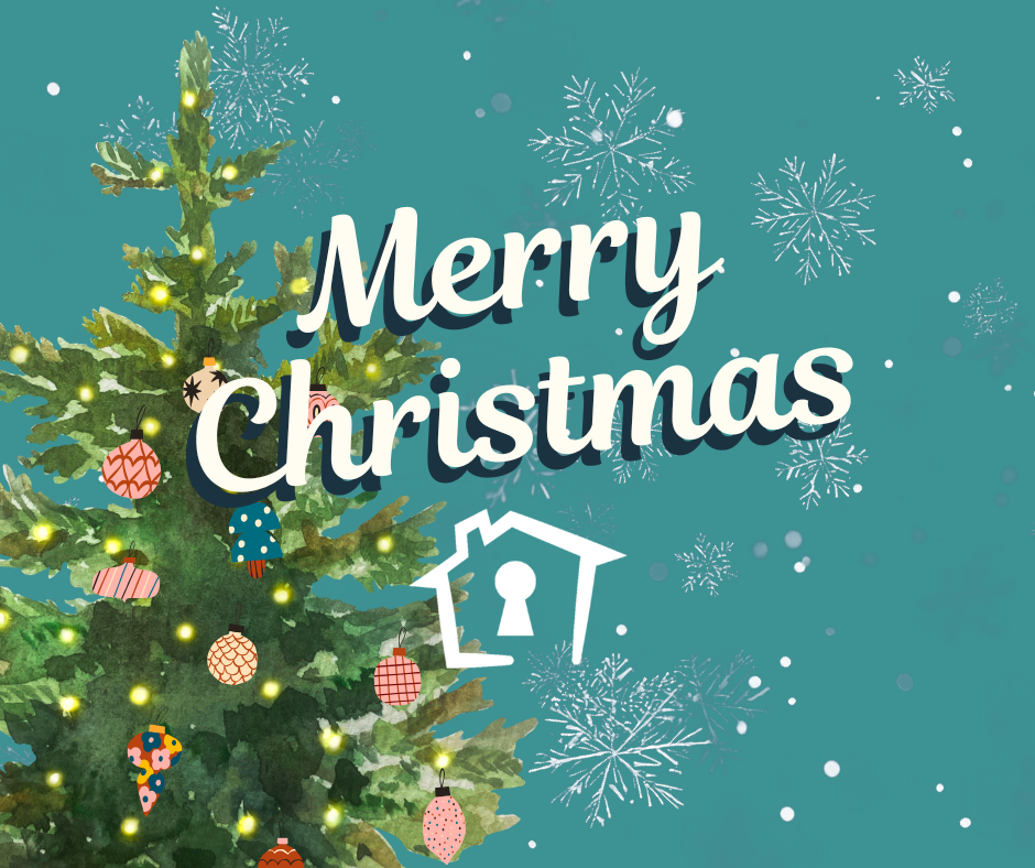 Image of a Christmas tree and falling snowflakes on a teal background with the words 'Merry Christmas' about the NACCOM logo
