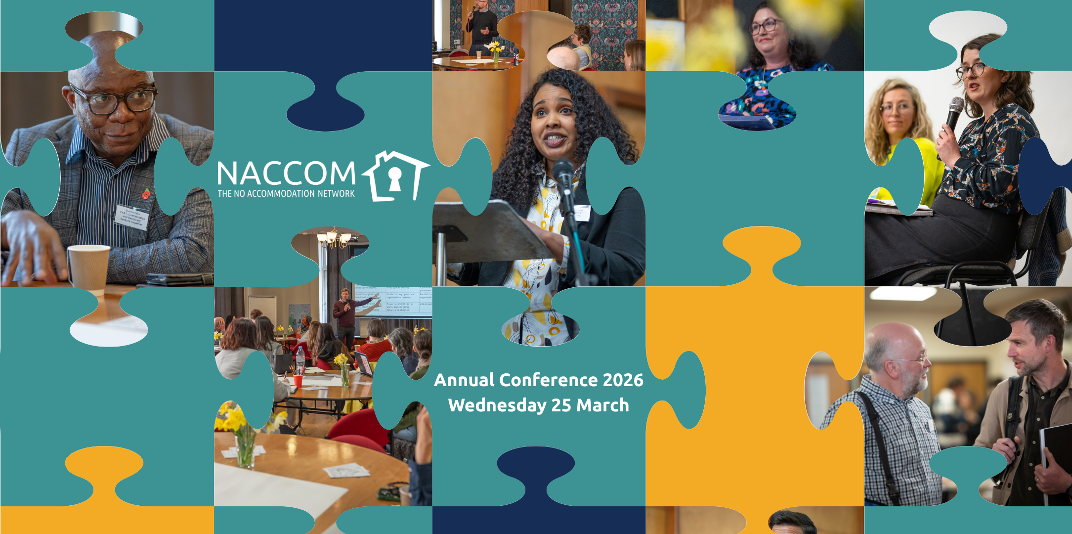 Banner for NACCOM Annual Conference 2026. Made up of puzzle pieces in teal, yellow and navy blue with photos of past conferences.